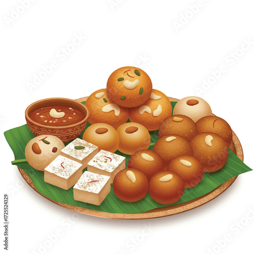 Vintage-style illustration of a plate of assorted Indian sweets and snacks, including panipuri, jalebi, and barfi, arranged on a green leaf with a bowl of chutney, against a clean white