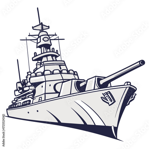 Stylized illustration of a powerful warship with large cannons and a commanding presence on a white background