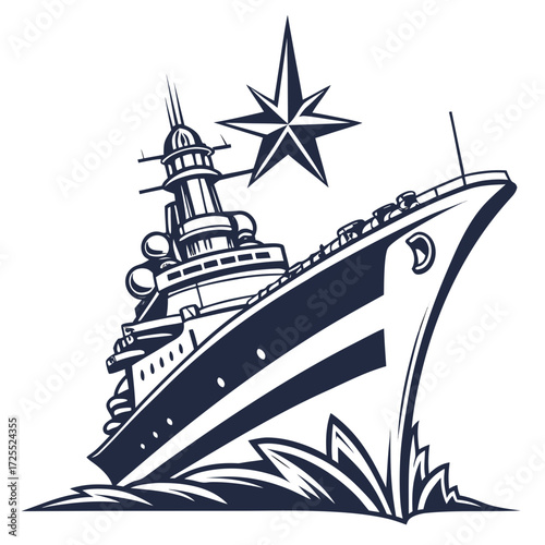 Stylized illustration of a powerful warship sailing through rough seas with a guiding star overhead