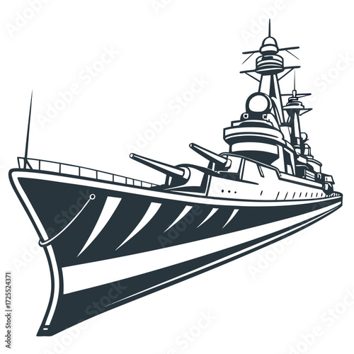 Stylized illustration of a powerful warship with large cannons and multiple decks against a white background