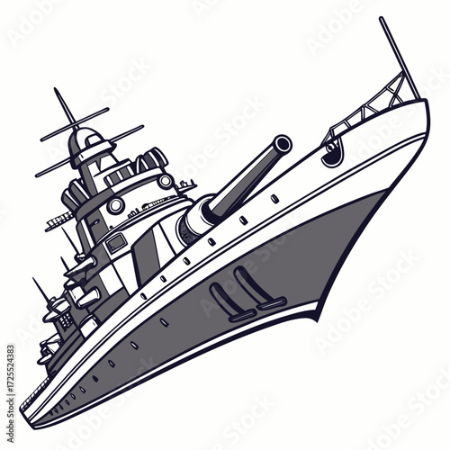 Stylized illustration of a powerful warship with large cannons and multiple decks sailing on the ocean