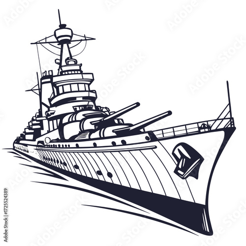 Stylized illustration of a powerful warship with large cannons sailing through the water