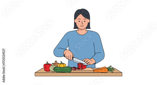 Illustration featuring a woman preparing a vibrant assortment of fresh vegetables on a wooden cutting board with a kitchen knife