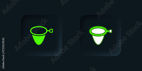 Green Fishing net icon isolated on black background. Fishing tackle. Black square button. Vector