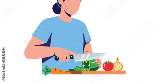Faceless woman preparing healthy meal by slicing vegetables on a cutting board with a knife in a kitchen setting showing nutritious eating habits