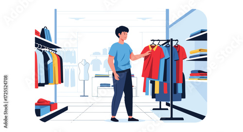 Stylized illustration of a young man browsing t-shirts in a brightly lit clothing store showing retail fashion trend and customer activity