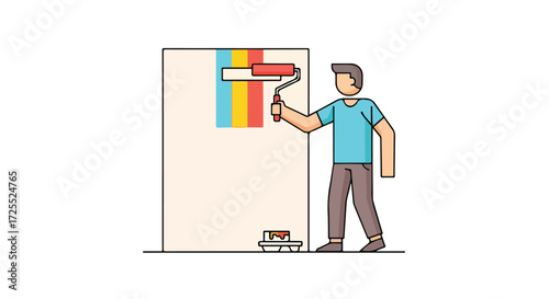 Colorful Renovation: Young man painting a wall with vibrant hues using a roller for creative expression and interior design aesthetics