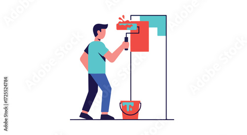 Colorful illustration of a man painting a wall with a roller, adding vibrancy to an interior space with a fresh coat of paint using vibrant colors
