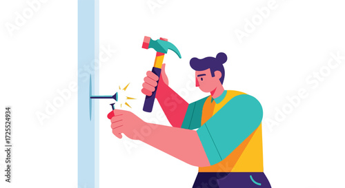 Stylized illustration of a person hammering a nail, showcasing home repair and handyman activities with bright colors and vector graphics