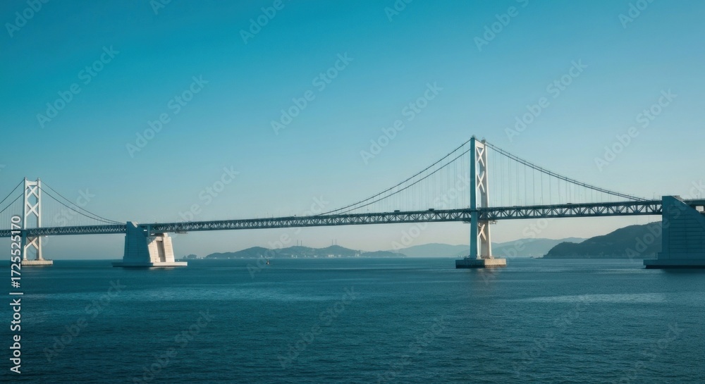 Naklejka premium Wide shot of a modern, light-gray suspension bridge spanning a body of water, with a clear, light-blue sky and distant land in the background