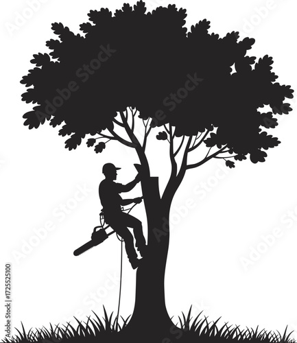 Tree surgeon silhouette with chainsaw, arborist climbing tree, professional tree cutting worker, forestry maintenance, woodcutter safety gear illustration