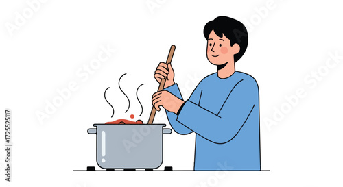 Cartoon illustration of a young man cooking with a wooden spoon over a steaming pot on a stove top in a kitchen setting