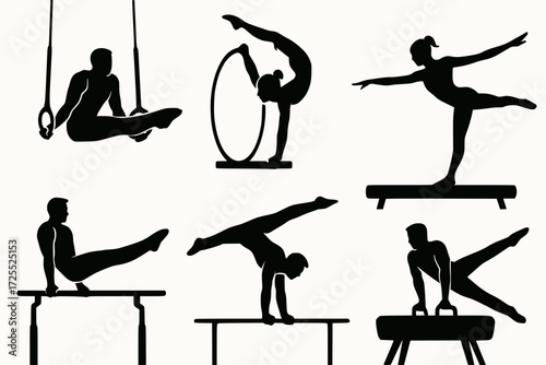 Gymnast Silhouettes on Apparatuses in Athletic Routine Illustration