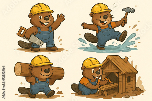Construction Beavers Cartoon Collection with Tools and Muddy Terrain