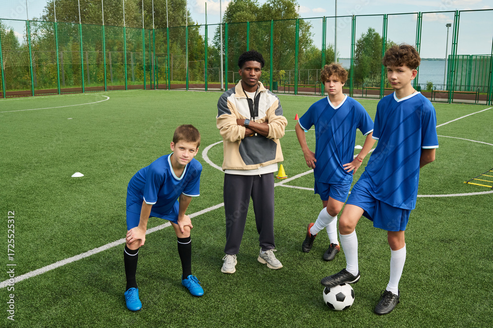 Obraz premium Black man standing with arms crossed coaching group of three teenage boys on outdoor soccer field, teenagers wearing uniforms and posing with soccer ball during training session