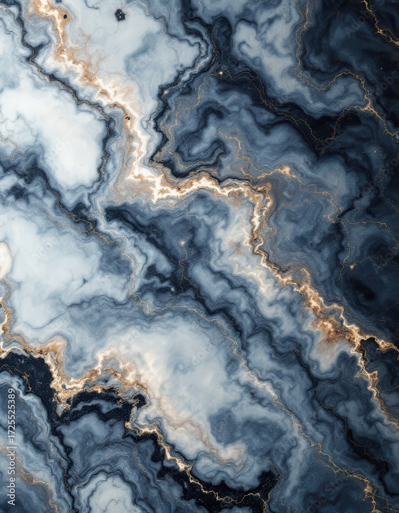 Fototapeta premium A striking image showcases intricate marble patterns, blending deep blues and whites with accents of gleaming gold.