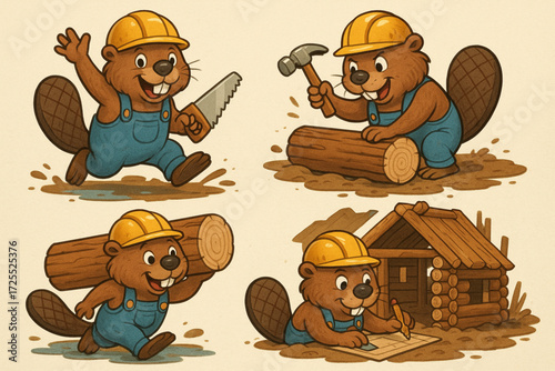 Construction Beavers Cartoon Collection with Tools and Muddy Terrain