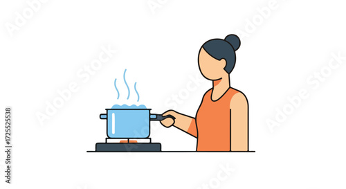 Stylized depiction of a woman cooking water in a pot on a stove top, minimalist illustration, soft color palette, simple lines conveying domestic
