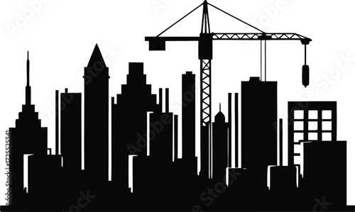 city skyline with construction crane and unfinished buildings silhouette vector illustration