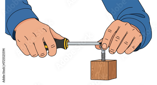 Handyman securing screw into wood block, demonstrating manual skills and home repair techniques with a screwdriver, close-up illustration for DIY