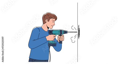 Focused man using power drill to make a hole in a wall with concentration and a professional touch, showing DIY and construction projects with detail