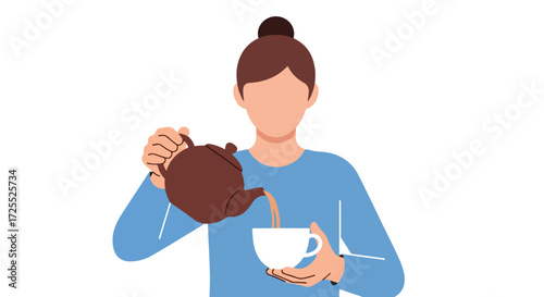 Illustration of a faceless woman pouring tea from a brown teapot into a white cup depicting relaxation, morning routine, and mindful moments