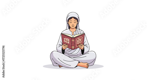 Young woman in white meditating and reading a religious text in cross-legged position with white background