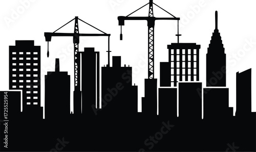 city skyline with multiple construction cranes and unfinished buildings silhouette vector illustration
