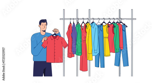 Man choosing a red shirt from a clothing rack filled with colorful apparel decisions in a clean shopping atmosphere