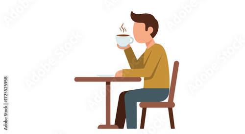 Faceless man having a warm drink at a table, capturing a simple moment of tranquility with an aesthetic and minimalist design, perfect for