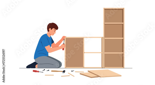 Illustration of a person assembling wooden modular shelving using hand tools in a bright setting focusing on diy projects and home improvement tasks