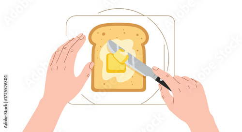 Hands buttering toast, morning breakfast preparation depiction, overhead view and clean design ideal for culinary content showcasing a simple