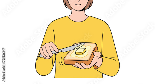Hand-drawn illustration of a person spreading butter on toast, depicting breakfast routine and simple joys of culinary activity in casual style