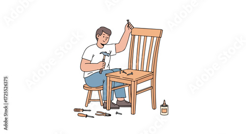 Illustration of a craftsman repairing a wooden chair with tools in a bright workshop emphasizing craftsmanship and home improvement projects