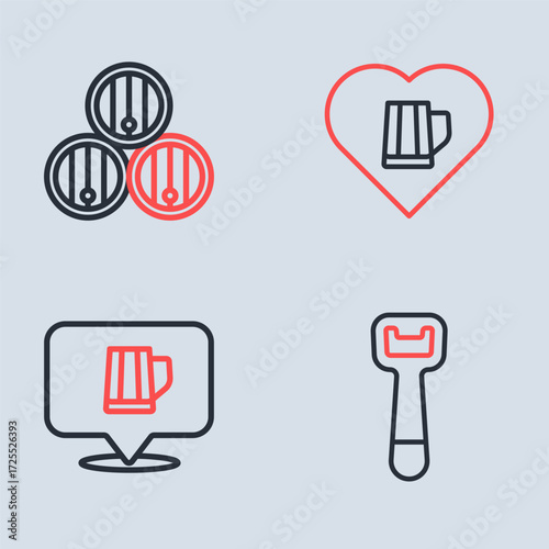 Set line Heart with glass of beer, Wooden mug, Bottle opener and barrel icon. Vector