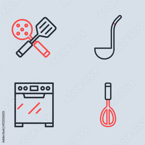 Set line Kitchen ladle, Oven, whisk and Spatula icon. Vector