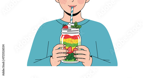 Person savoring a layered fruit smoothie in a jar, representing health, refreshment, and mindful consumption of fresh, natural ingredients and