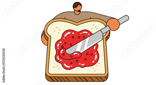 Stylized depiction of a person spreading vibrant red jam on a slice of bread with a stainless steel knife for breakfast
