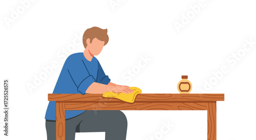Person gently cleaning a wooden table with a cloth, maintaining the furniture using wood oil for protection and longevity