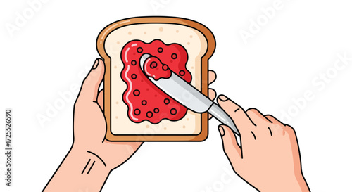 Illustration depicting the making of a jam sandwich with vibrant colors and playful line work perfect for a morning meal scene