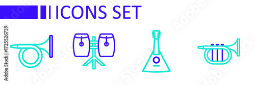Set line Trumpet, Balalaika, Conga drums and icon. Vector