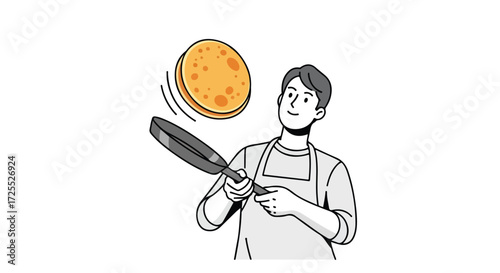 Enthusiastic chef expertly flipping a pancake with a frying pan in the kitchen studio culinary creation breakfast preparation
