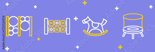 Set line Jumping trampoline, Horse saddle swing, Education logic game and Playground climbing equipment icon. Vector