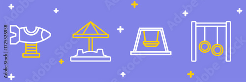 Set line Gymnastic rings, Ferris wheel, Sandbox with sand and Swing plane icon. Vector