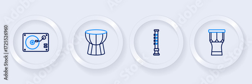 Set line African percussion drum, Flute, darbuka and Vinyl player with vinyl disk icon. Vector