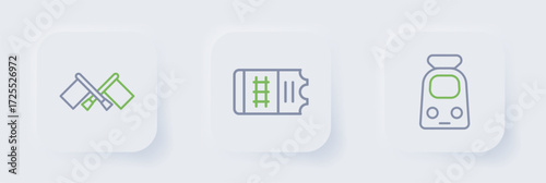 Set line Train and railway, ticket and Flag icon. Vector