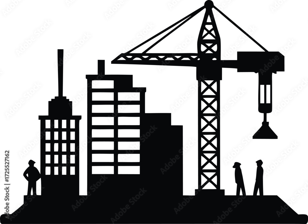 Obraz premium Construction site with crane workers building skyscraper silhouette vector illustration