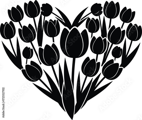 Heart shaped arrangement of black tulips for romantic design elements and spring celebrations isolated on transparent background