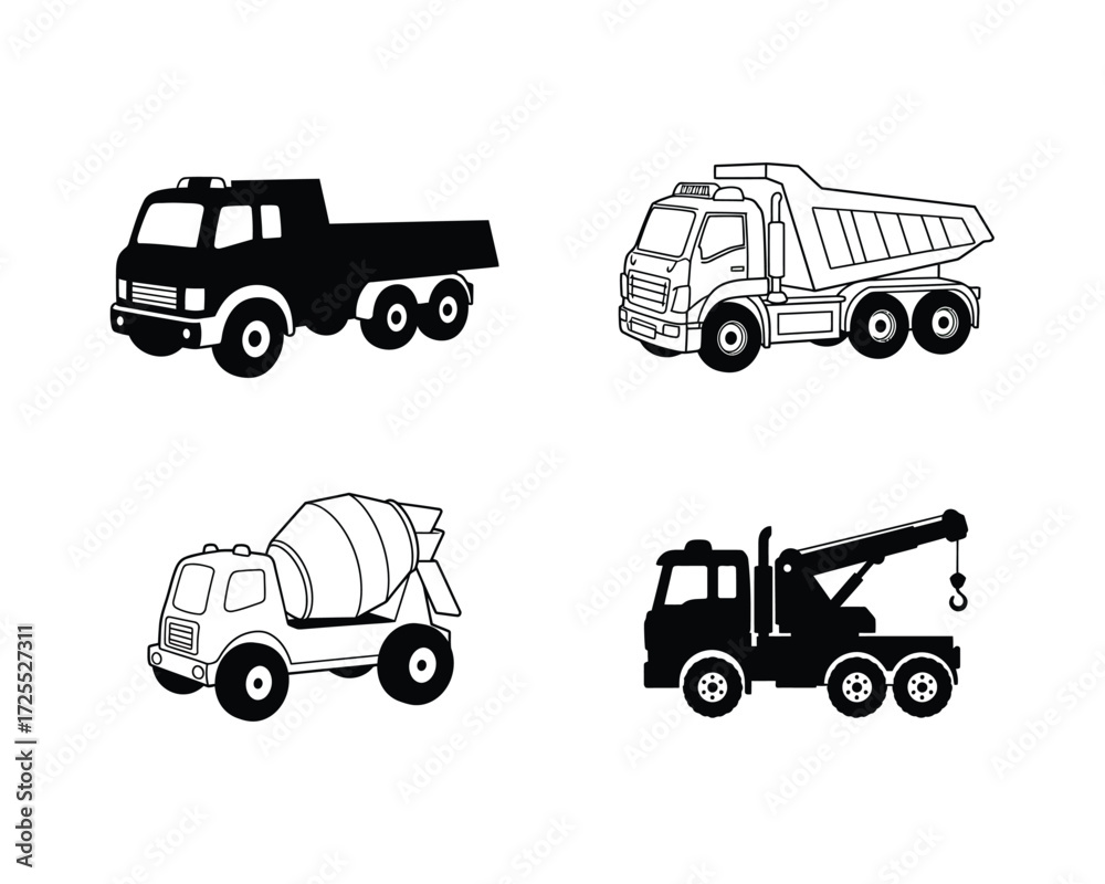 Fototapeta premium Collection of four distinct heavy construction vehicles including a dump truck cement mixer tow truck and flatbed truck rendered in a simple black and white illustration style