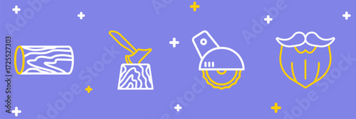 Set line Mustache and beard, Electric circular saw, Wooden axe in stump and log icon. Vector